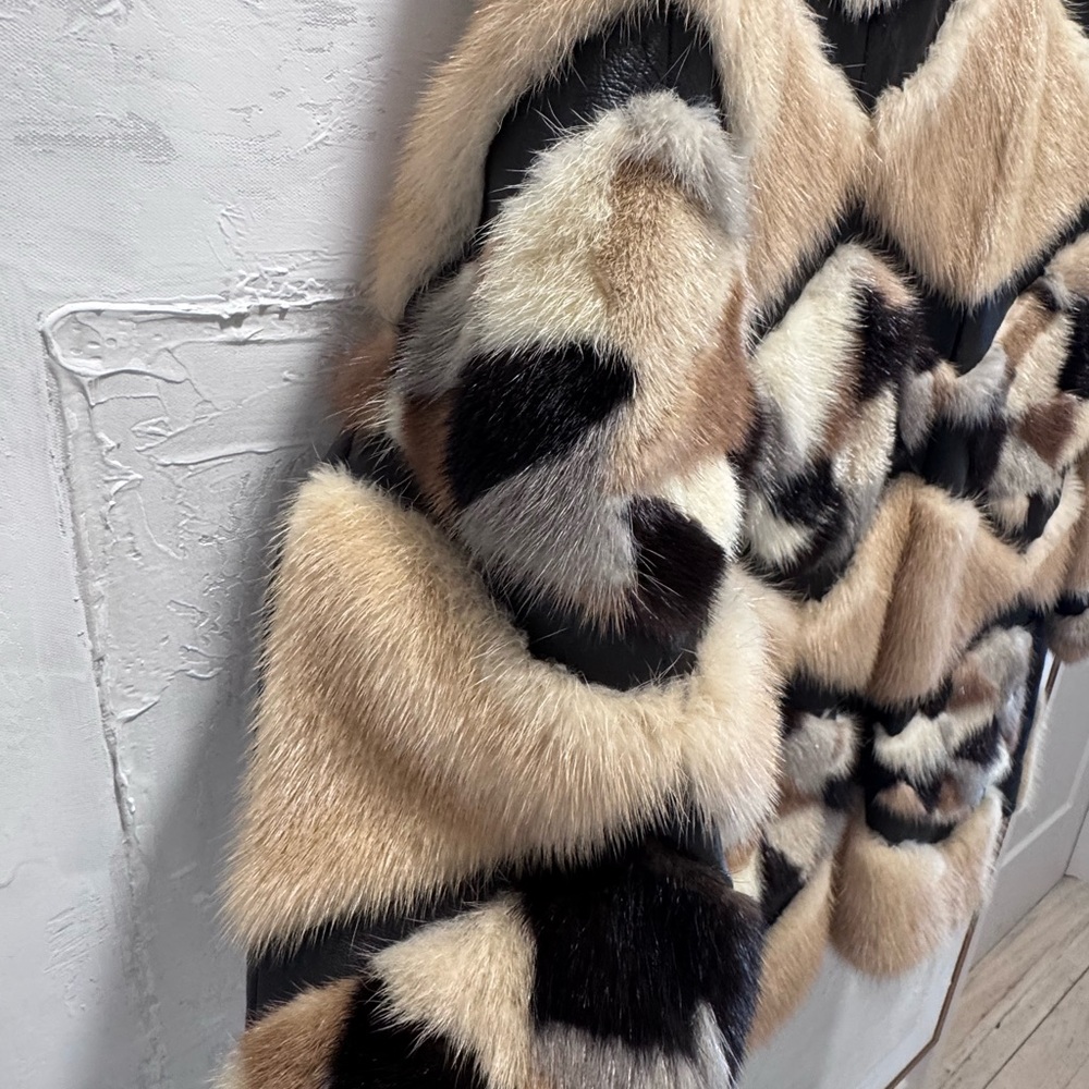 Vintage Mink Fur Patchwork Coat Leather Chevron Luxe Statement Jacket M - Picture 9 of 11